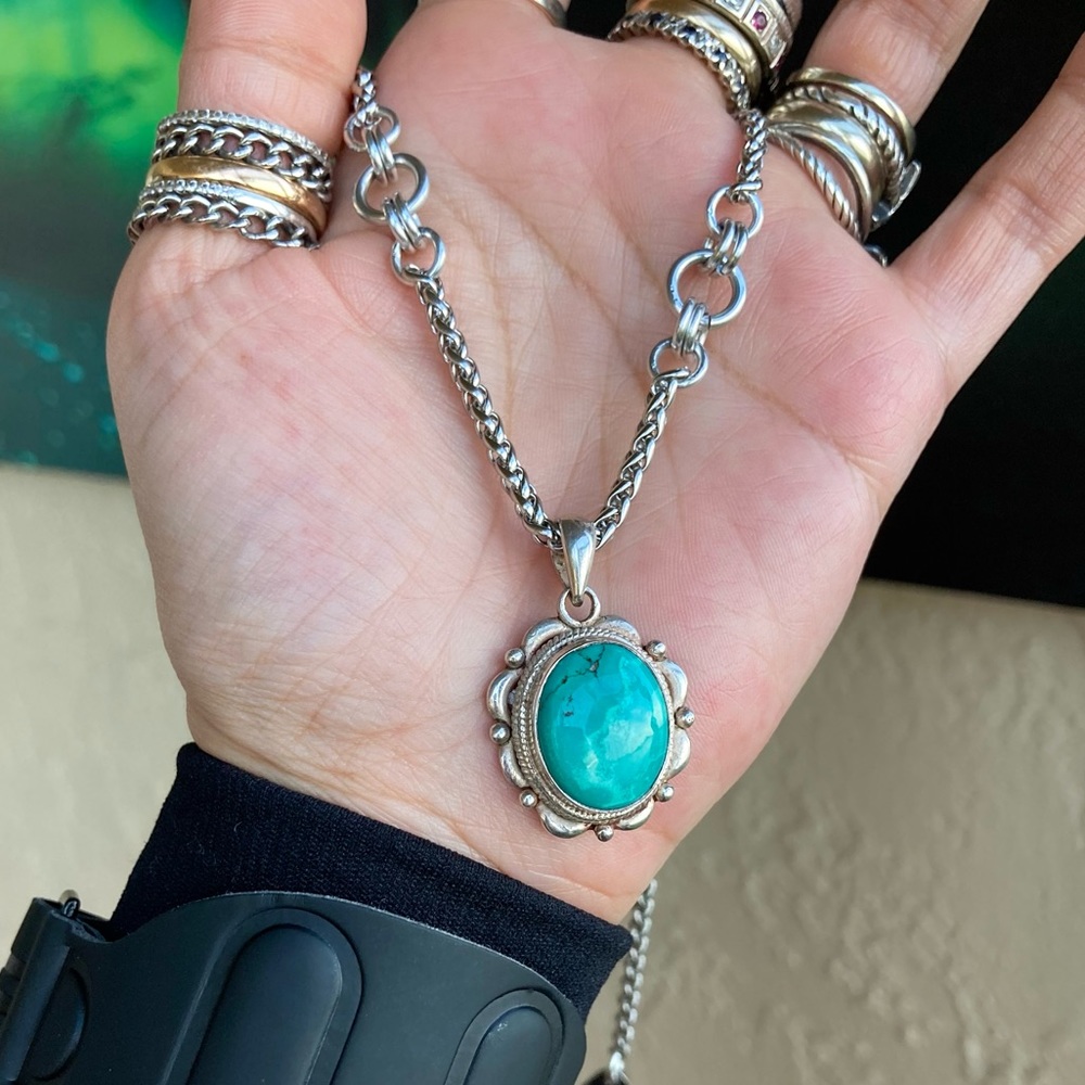 925 sterling silver turquoise charm on stainless steel chain necklace boho stone - Picture 3 of 15